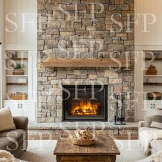 a living room with a fire place and couches in front of the stone fireplace