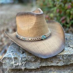 Brown Ombr, With Gold Chain Hat Band With Colorful Pebble Stones And Beads. Beaded Brown Wide Brim Hat, Brown Beaded Wide Brim Hat, Brown Wide Brim Beaded Hat, Country Style Beaded Straw Hat For Rodeo, Summer Brown Beaded Hat, Beaded Straw Hat With Short Brim For Rodeo, Beaded Rodeo Hat With Curved Brim, Beaded Fedora Straw Hat For Rodeo, Western Beaded Brimmed Straw Hat