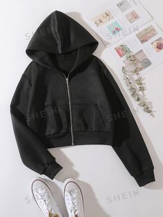 Free Returns ✓ Free Shipping✓. SHEIN EZwear Solid Zip Up Drop Shoulder Thermal Lined Crop Hoodie- Women Sweatshirts at SHEIN. Women Sweatshirts, Crop Hoodie, Black Zip Ups, Cozy Outfit, Cropped Hoodie, Fashion Online Shop, Online Fashion, Drop Shoulder, All Fashion