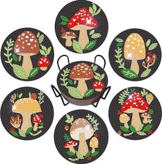 six coasters with mushrooms on them and leaves around the edges, all painted in different colors