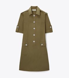 Safari dress that will go other places too Luxury Camp Collar Vacation Tops, Designer Dresses For Workwear, Designer Knee-length Mini Dress For Work, Designer Mini Dress For Spring Workwear, Safari Dresses, Short Sleeve Utility Dress, Tory Burch Trench Coat, Tory Burch Dress 2022, Camp Dress