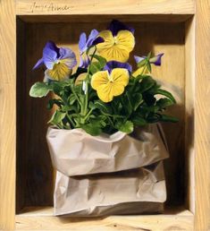 a painting of pansies in a paper bag