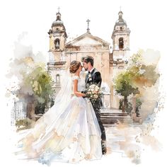 a watercolor painting of a bride and groom standing in front of a church with their arms around each other