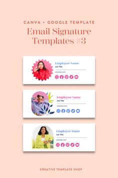 Your signature adds a professional touch to your email communication and allows you to easily & neatly link to your website and social media accounts inside of your emails. This template gives you 3 unique designs to choose from. Change colors of icons and customize photos in Canva, then change fonts, colors, and set up links inside Google Docs. Social icons and links will be fully clickable in your signature using this method! We’ll walk you through the whole process in a video tutorial. Email Communication, Email Signature Templates, Social Icons, Template Google, Creative Template, Brand Style