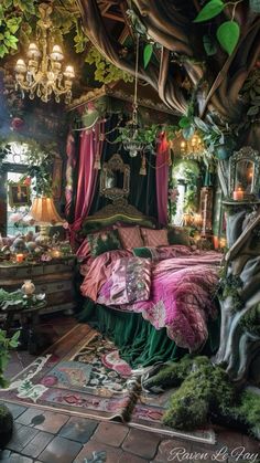 a bedroom decorated in green and pink with lots of greenery on the ceiling, bedding