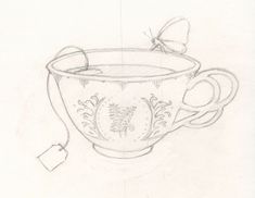 a drawing of a tea cup with a butterfly on it's top and handle