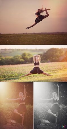 four different photos with one woman doing yoga and the other is jumping in the air