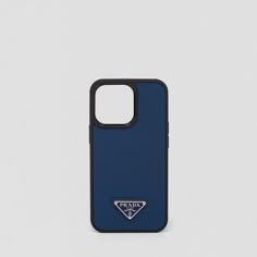 a blue phone case with the prada logo on it, sitting in front of a white background