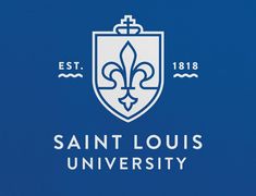 the saint louis university logo is shown on a blue background with white letters and a stylized fleur d'oeuvres