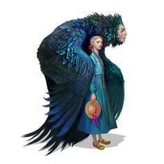 an illustration of a woman with large blue feathers on her head and wings spread out