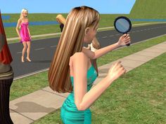 a woman in a blue dress looking at herself in a magnifying glass on the street