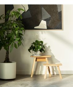 a potted plant sitting on top of a wooden stool in front of a painting