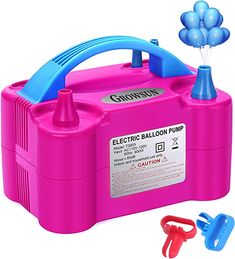 a pink electric balloon pump with blue balloons