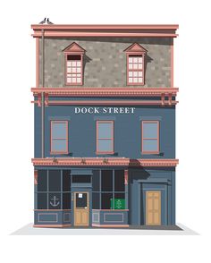 an illustration of the front of a building with two windows and a sign that says dock street