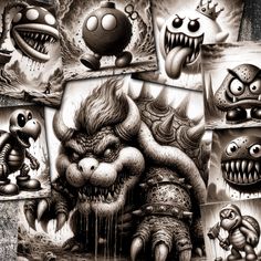 an image of some cartoon characters with big eyes and fangs on their faces, in black and white