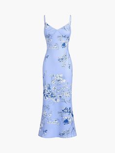 Floral Print Cami Long Dress Light Blue Picnic Dress, Floral Dresses Long Casual, Pretty Long Dresses, Long Casual Dresses, Satin Floral Dress, Casual Chiffon Dress, Summer Long Dress, Simple Dress Casual, Blue Flower Dress