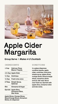 an advertisement for the apple cider margarita cocktails, with ingredients and instructions on it