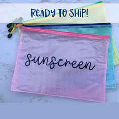 "Keep all your sun essentials together in a cute water resistant bag!  Our bestselling sunscreen bags - now available and ready to ship for speedy delivery!  These bags are perfect for throwing in a larger bag or keeping close by while you are in the water!   Perfect for keeping things together for summer camp, sleepovers, vacations and also make a fun gift for bachelorette parties, vacations, and girls trips!  Bag Details: Clear Water-Resistant Translucent PVC Plastic with black reinforced zipp Sunscreen Storage, Girls Trips, Pool Bag, Wet Dry Bag, Lake Trip, Pool Bags, Bag Details, Bachelorette Gifts, Bachelorette Parties