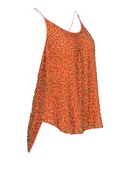 Add some summer zing to your wardrobe with this unique Trina Turk beaded top! Crafted from soft, orange silk, this eye-catching blouse is adorned with enchanting beading. Dazzle your friends with a hint of sparkle and a tasteful splash of sunshine. Style this luxe top with jeans for a brunch out or a skirt for a night out on the town! Size XL 100% Silk Fully lined Pullover Sleeveless Fully beaded Bust 44" Waist 43" Shoulder to hem 28.5" Beaded Top For Spring Party, Sleeveless Silk Tops For Summer, Spring Party Beaded Top, Sleeveless Summer Evening Top, Sleeveless Silk Beach Top, Sleeveless Silk Tops For Beach, Embellished Tank Top For Night Out In Summer, Embellished Tank Top For Summer Night Out, Sleeveless Silk Tops For The Beach