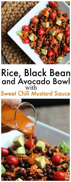 rice, black bean and avocado bowl with sweet chili mustard sauce is the perfect side dish