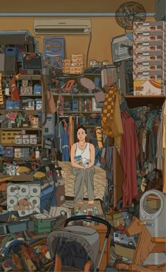 a woman sitting on a chair in a cluttered room