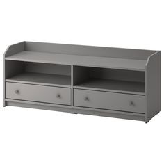 a gray shelf with two drawers and three drawers on it's sides, against a white background