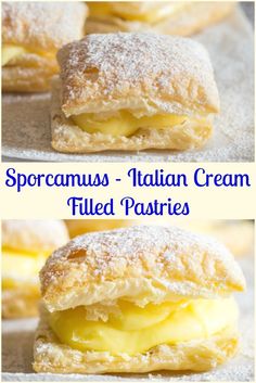 two pictures of different pastries with the words sporanmus - italian cream filled pastry