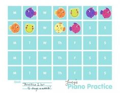 a calendar with fish on it and the words piano practice written in front of it