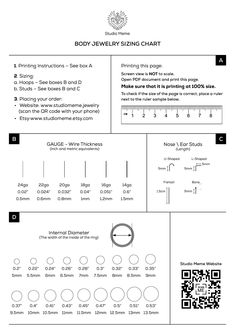 the instructions for how to make a body jewelry ring chart with pictures and text on it