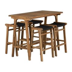 a wooden table and four stools with black cushions on the seat backsplash