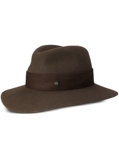 chocolate brown wool/sheepskin felted finish logo charm teardrop crown flat brim pull-on style Classic Brown Felt Hat With Flat Crown, Brown Fur Felt Hat With Flat Crown, Luxury Brown Fur Felt Hat, Luxury Brown Hat For Fall, Classic Brown Flat Brim Felt Hat, Classic Brown Wool Fedora, Luxury Brown Fedora With Flat Brim, Luxury Brown Flat Brim Fedora, Luxury Brown Hat Bands For Formal Occasions