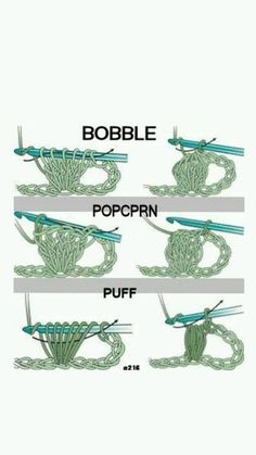 four different types of crochet are shown in three rows, one is green and the other is blue