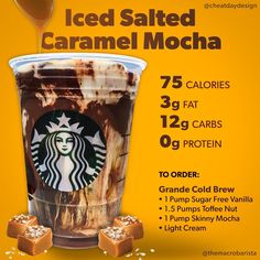 an advertisement for iced salted caramel mocha, with chocolate chunks on the side