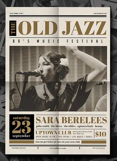 an old jazz concert poster with a woman singing into a microphone and holding her hand up in the air