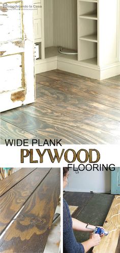 this is an image of a wood floor being installed in a kitchen with text overlay that reads wide plank plywood flooring