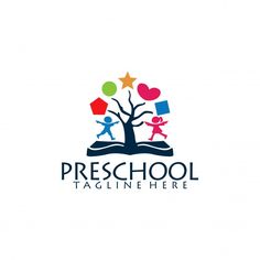 the logo for preschool tagline here, with children playing under a tree and stars