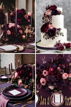 the table is set with purple and red flowers, candles, and napkins on it