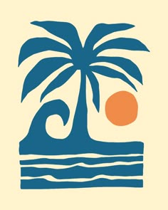 a palm tree sitting on top of a beach next to the ocean with an orange sun