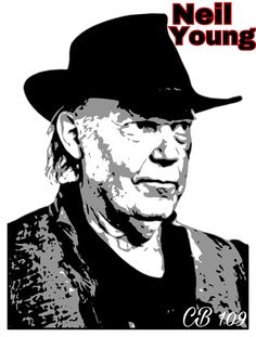 an old man wearing a black hat with the words neil young on it