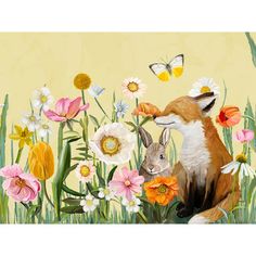 a painting of a fox and its baby in the grass surrounded by wildflowers