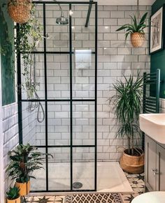 a bathroom with green walls and white tiles on the shower wall, plants in potted planters