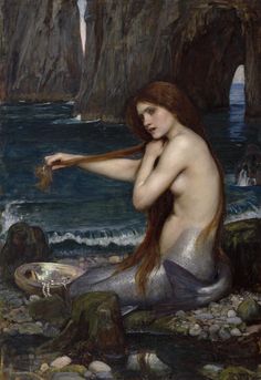 a painting of a mermaid sitting on rocks