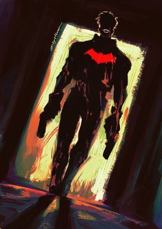 a painting of a man in a batman costume walking through a tunnel with his hands on his hips