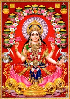 the hindu goddess sitting on lotuses in front of a red background with gold trimmings