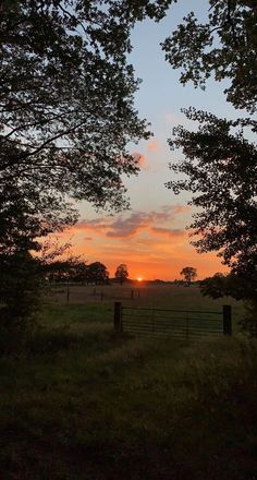 the sun is setting over a field with trees in front of it and a fence to the side