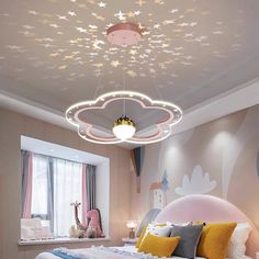 a bed room with a neatly made bed and a ceiling light