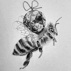 a pencil drawing of a bee carrying a globe