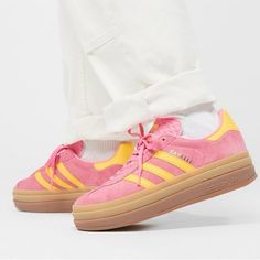 New With Box 100% Authentic Adidas Nizza Platform Yellow, Adidas Forum High Pink, Gucci Pink Adidas, Pink And Yellow Gazelle, Adidas Gazelle Super Pop, Pink And Yellow Shoes, Adidas Skate Shoes With Contrast Sole, Adidas Skate Shoes With Contrast Sole And Round Toe, Adidas Yellow Leather Sneakers