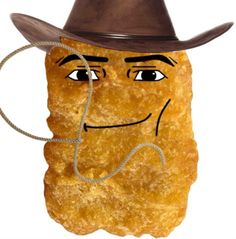 a piece of bread with a cowboy hat on it's head and rope around its neck