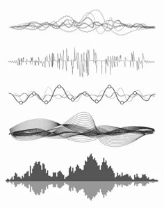 an image of sound waves in the sky and on the water with cityscape